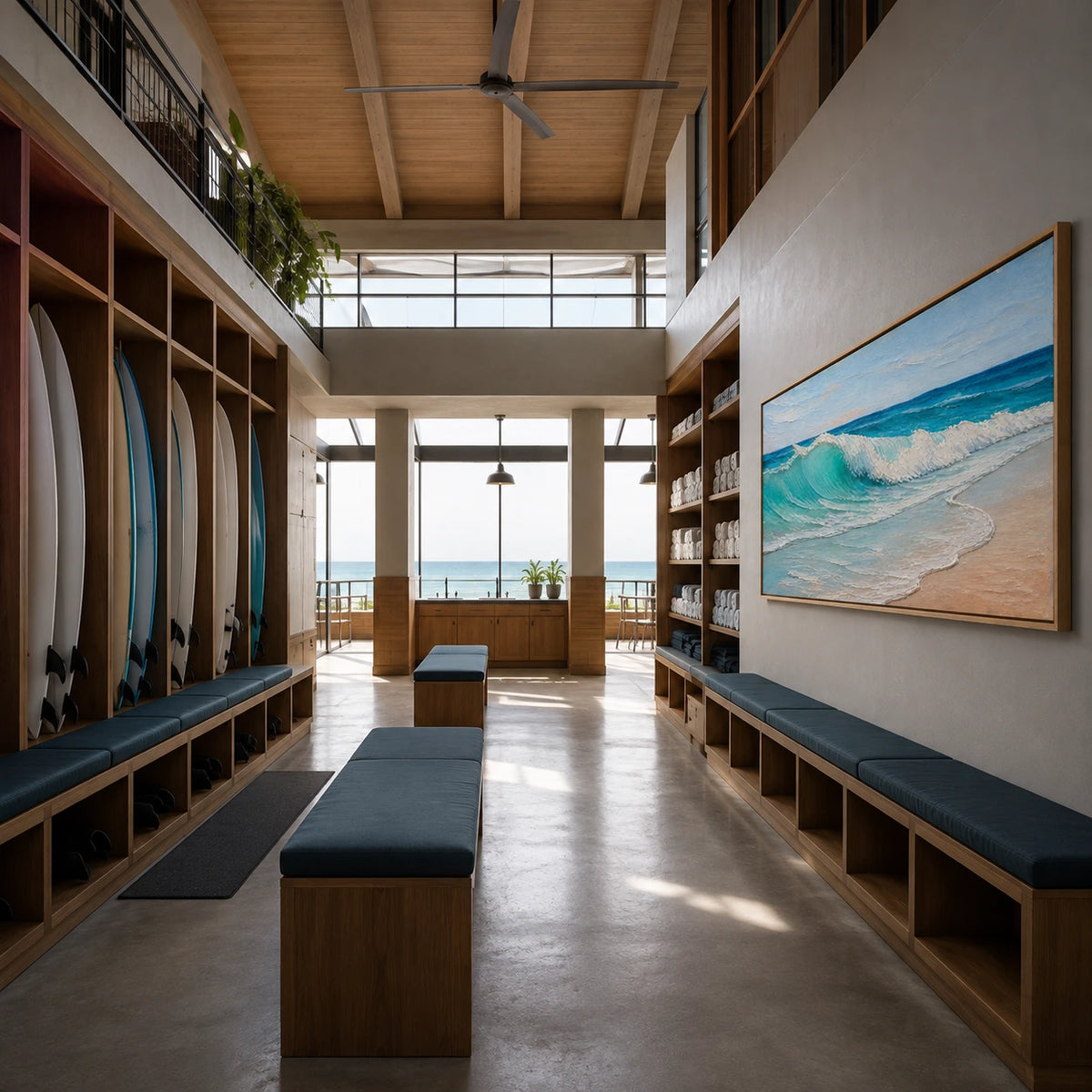shorebreak in turquoise displayed in a surf club gear lounge