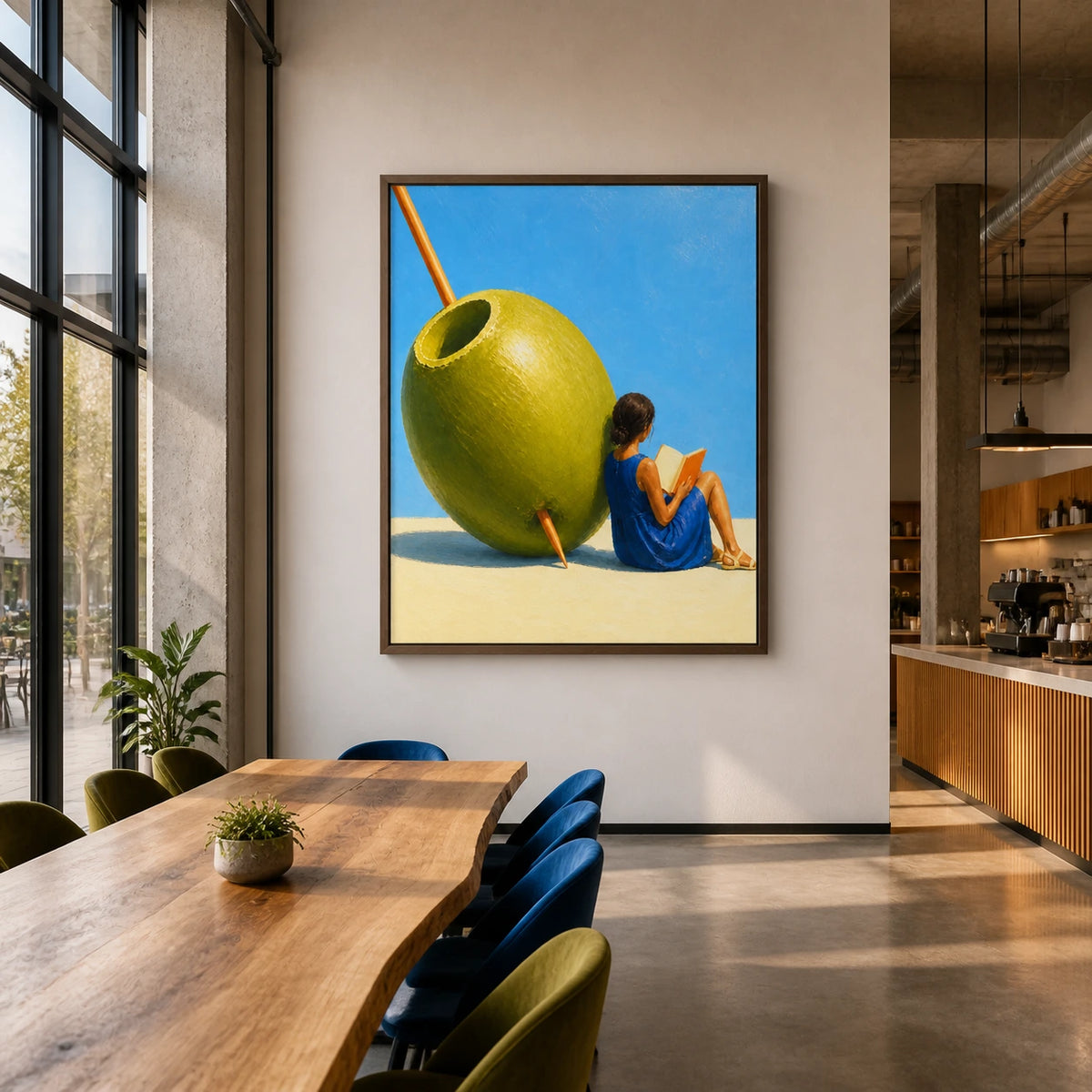 olive-side escape displayed in a gallery cafe