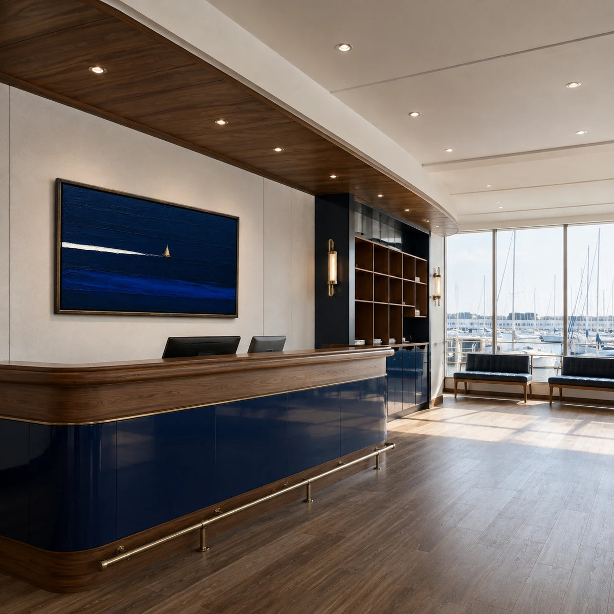 lone sail on blue horizon displayed in a yacht club reception