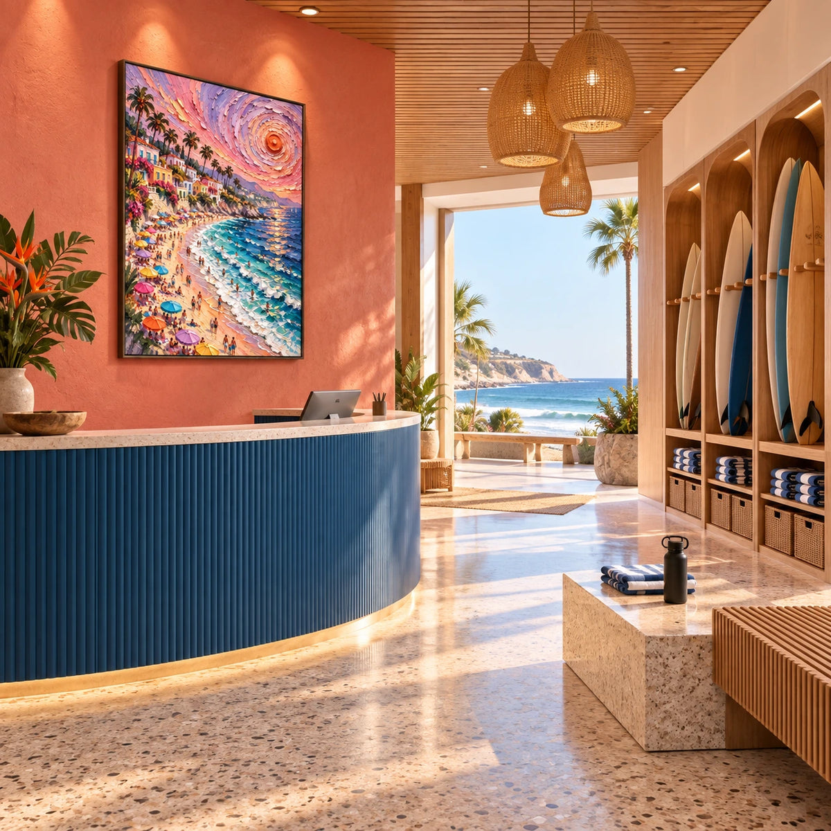 sunset coast in motion displayed in a surf club reception