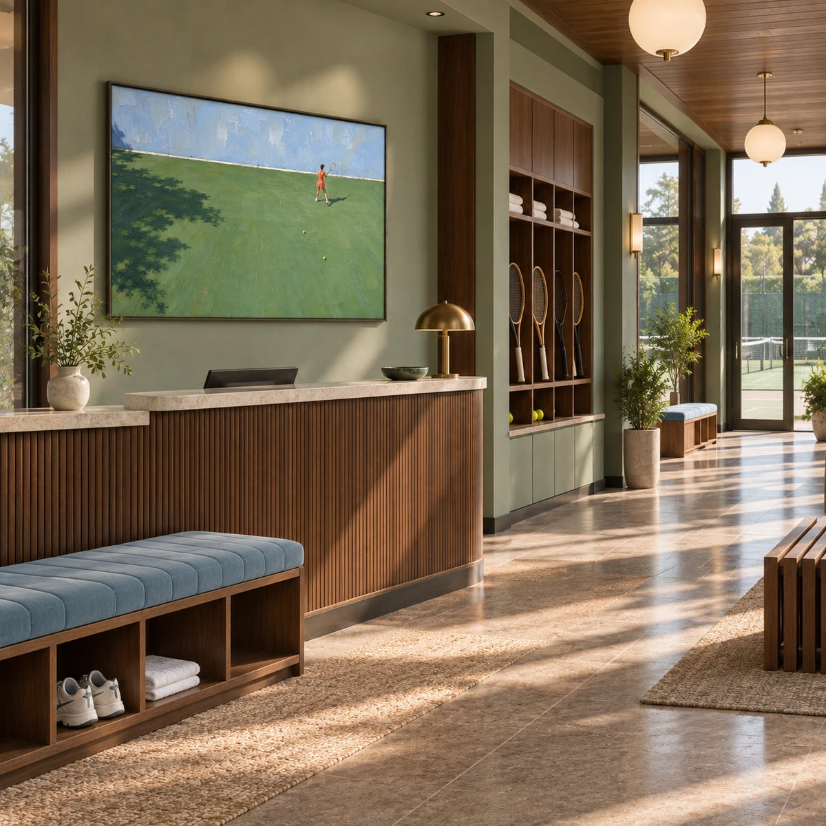 open court, bright day displayed in a tennis club reception