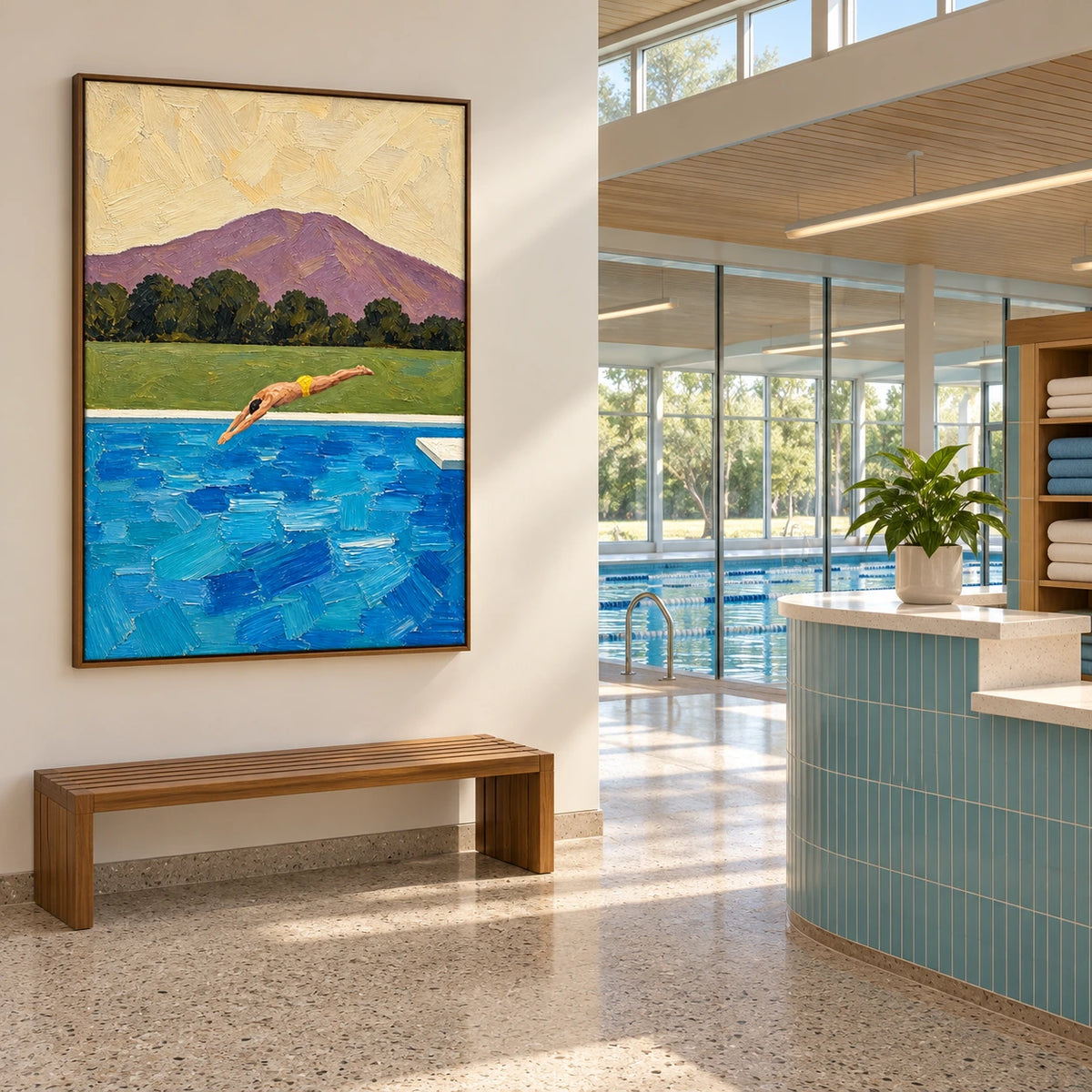 poolside dive displayed in a swimming club reception