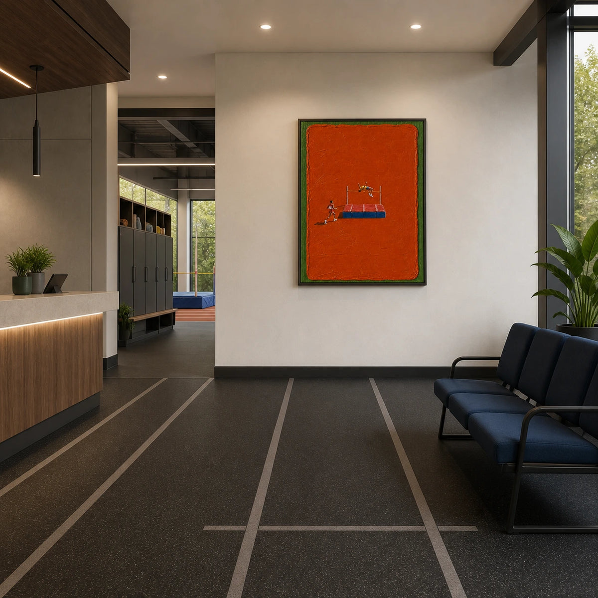 orange field high jump displayed in a track-and-field training center reception