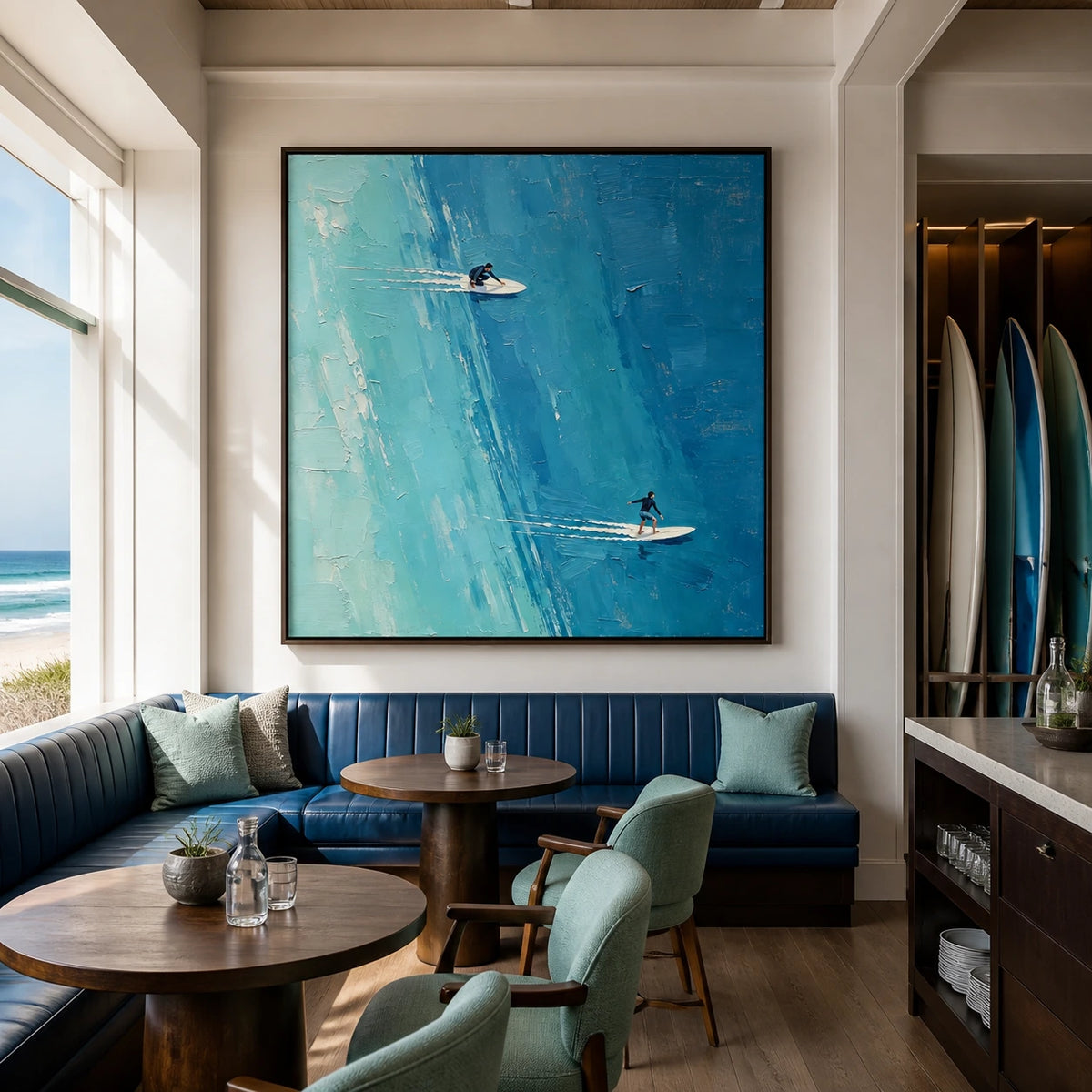 across the blue displayed in a surf club lounge