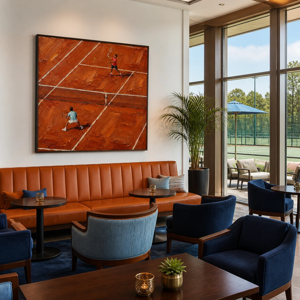 rally in terracotta displayed in a tennis club lounge
