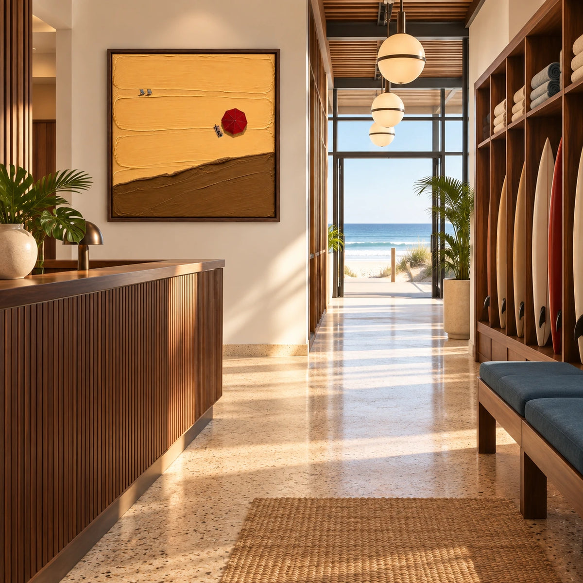 coastal sunbathing displayed in a surf club reception