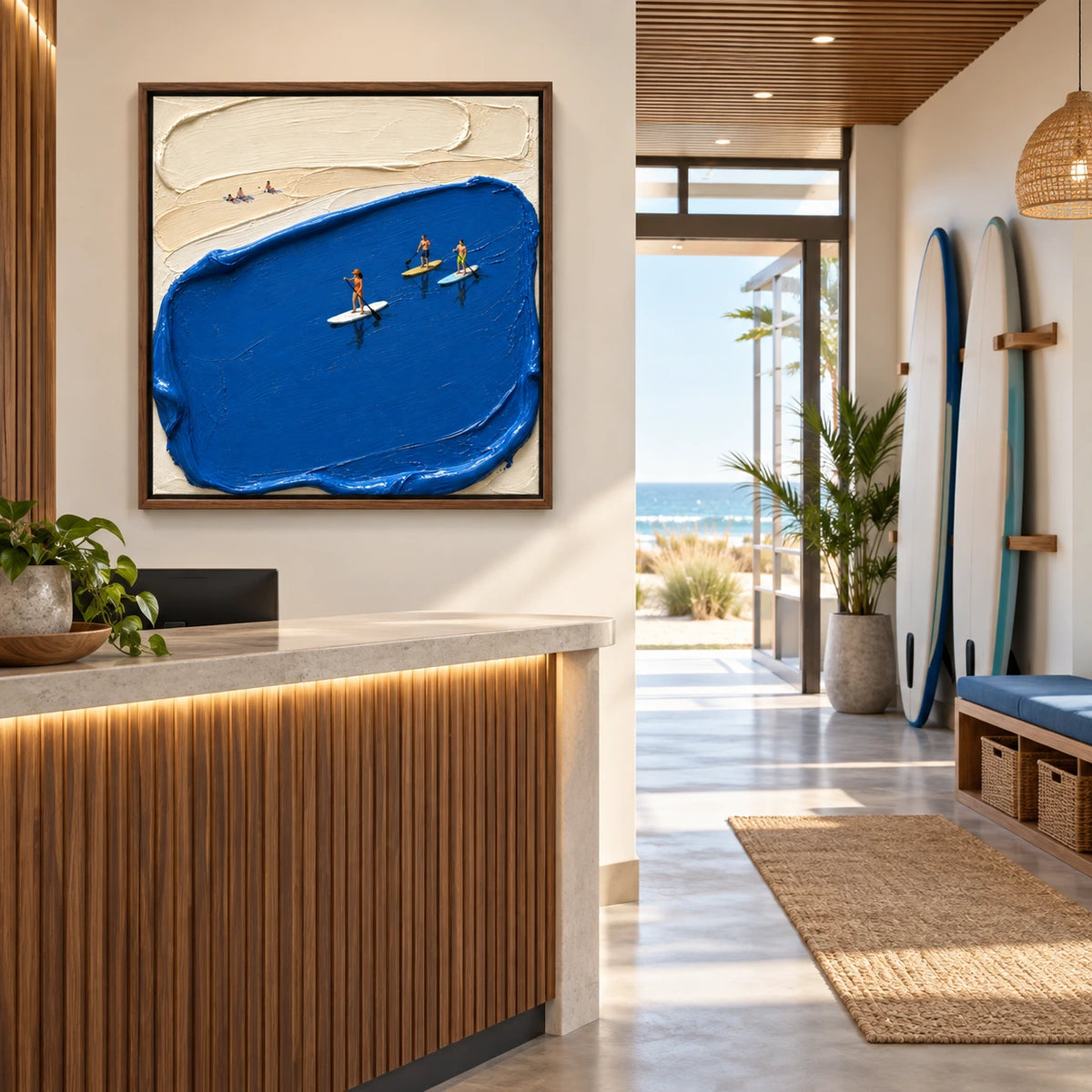 surfing the blue displayed in a surf club reception