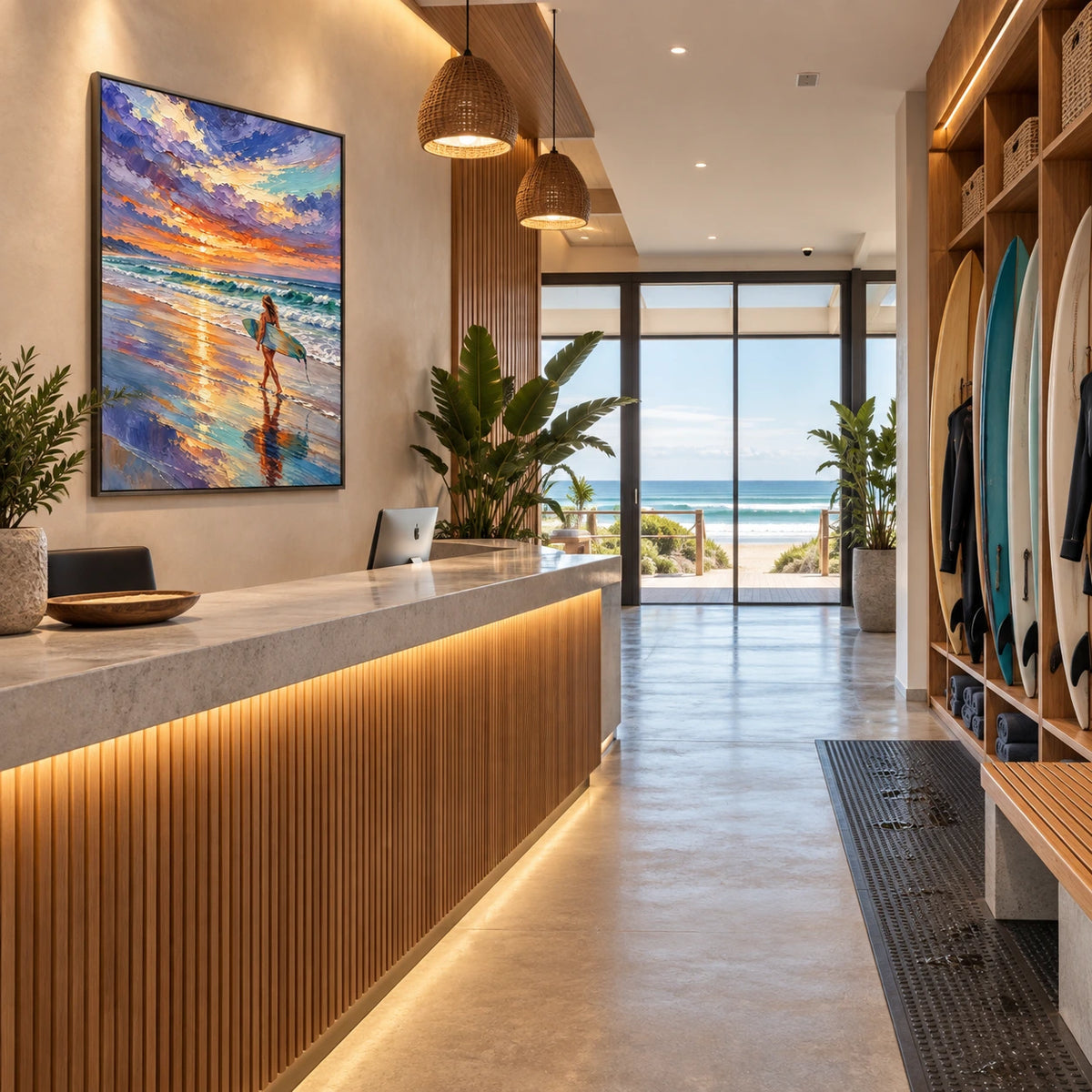 surfboard at sunset displayed in a surf club reception