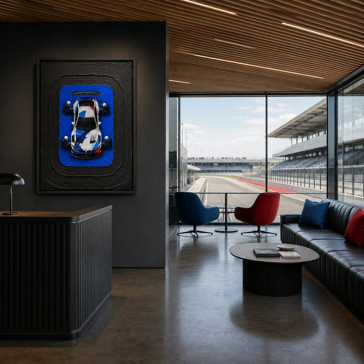 pit crew in blue displayed in a motorsport club reception