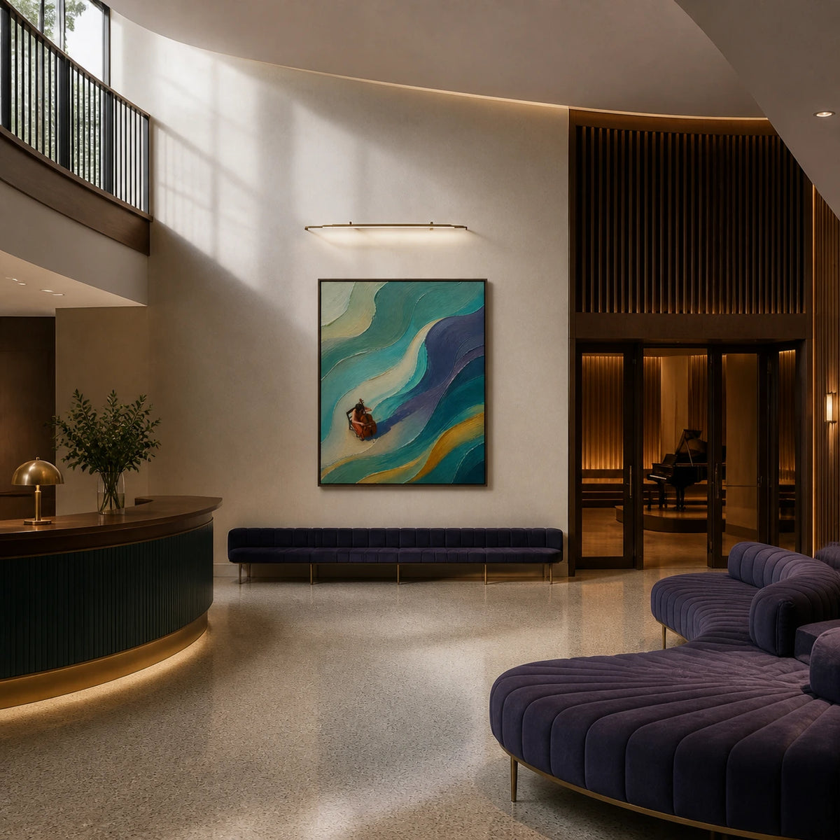 cellist in the current displayed in a concert hall foyer