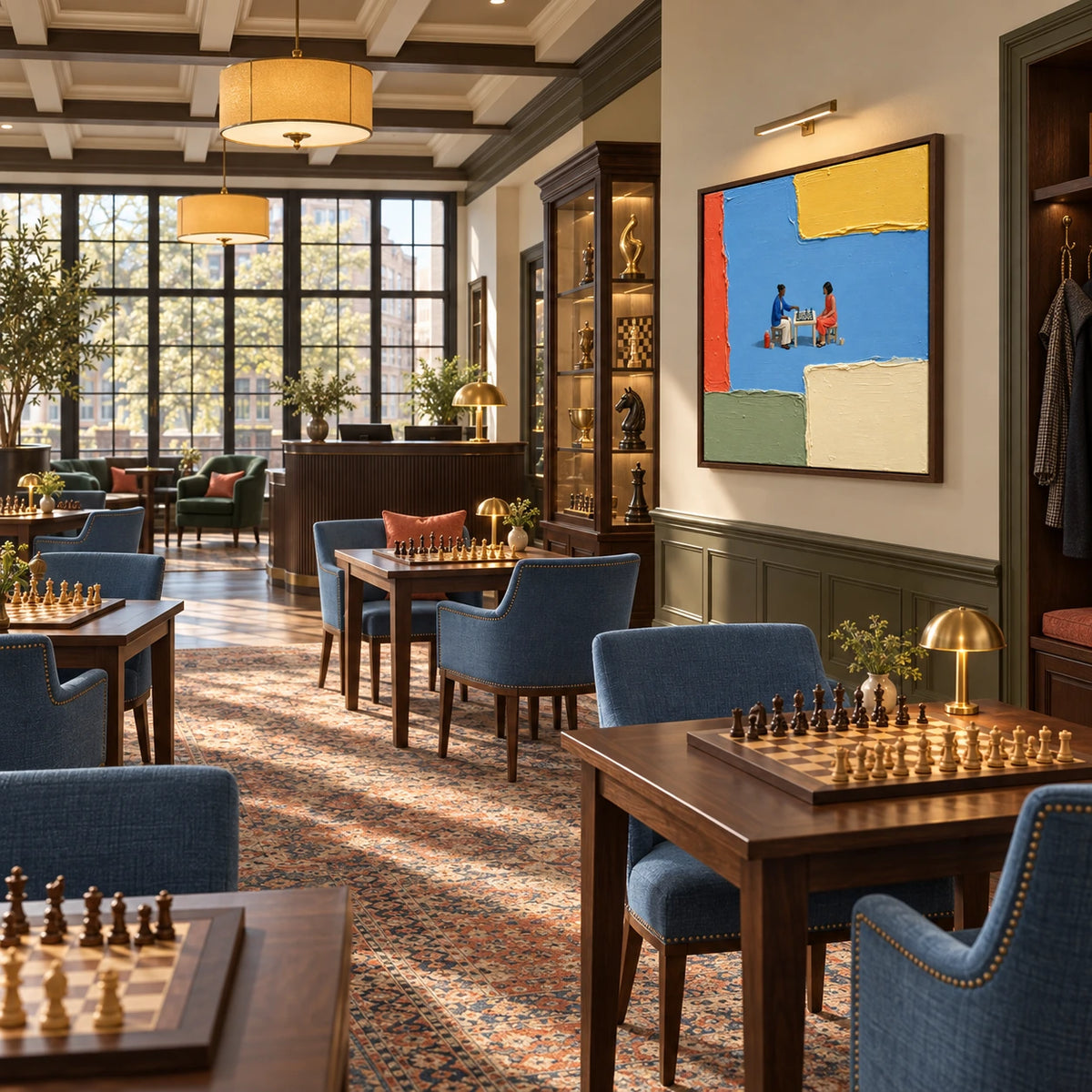blue hour chess displayed in a member chess club game salon