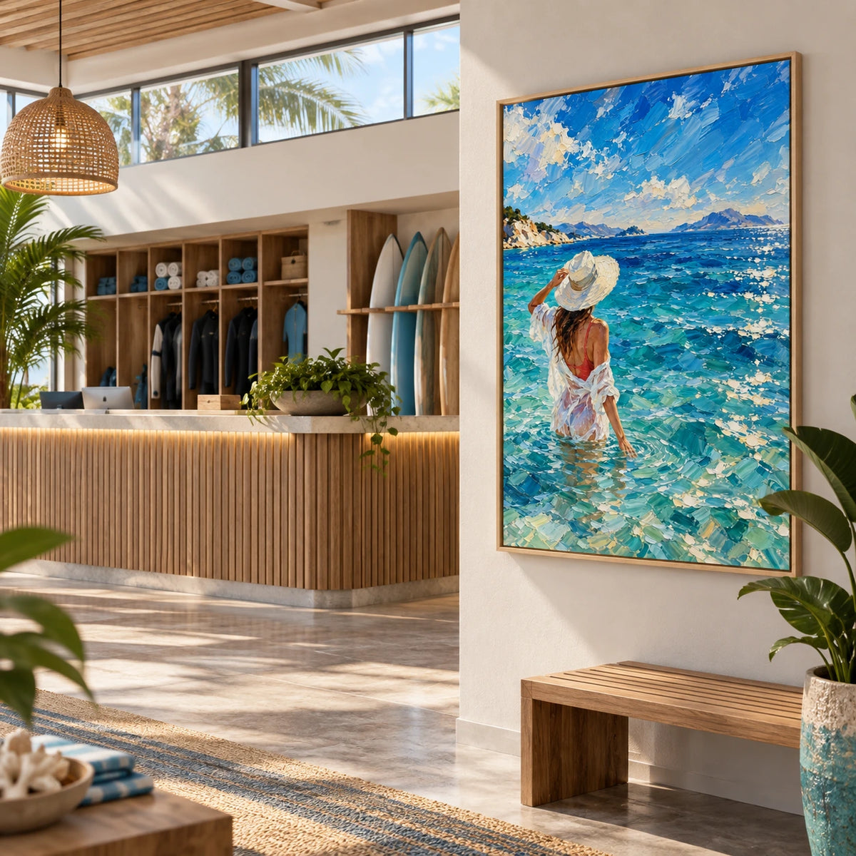 woman at the sea displayed in a coastal surf club reception