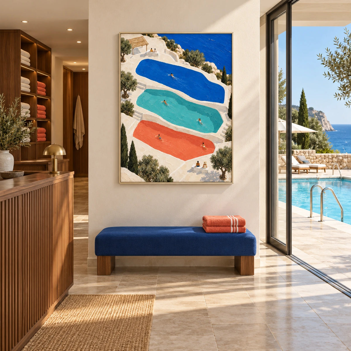 three pools in sunlight displayed in a pool club reception