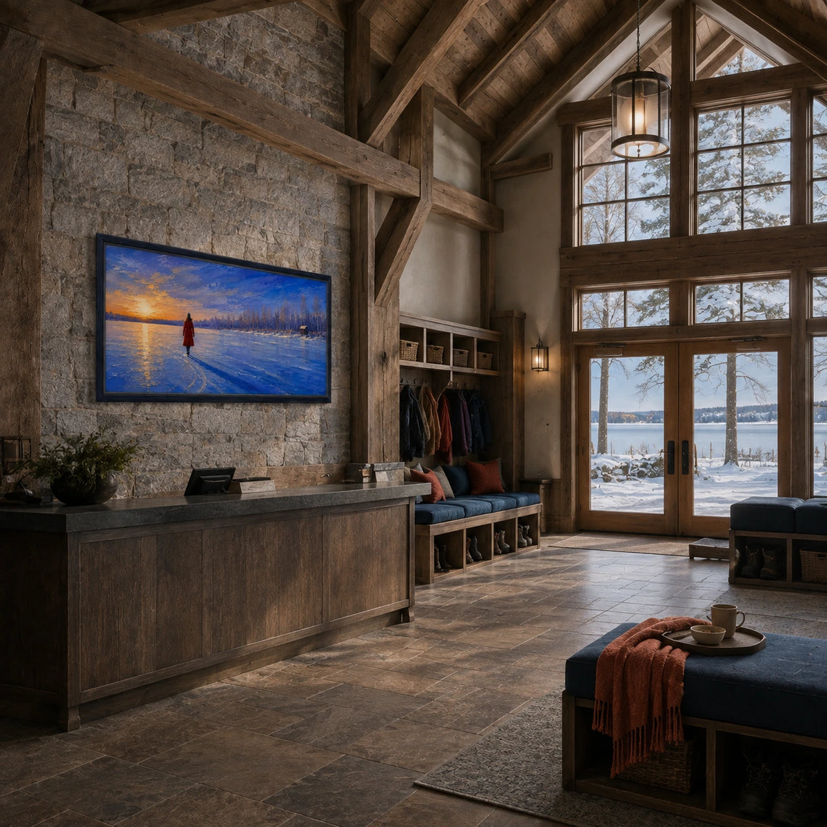 winter lake walk displayed in a ski lodge reception