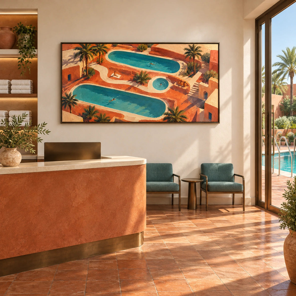terracotta pool retreat displayed in a swimming club reception