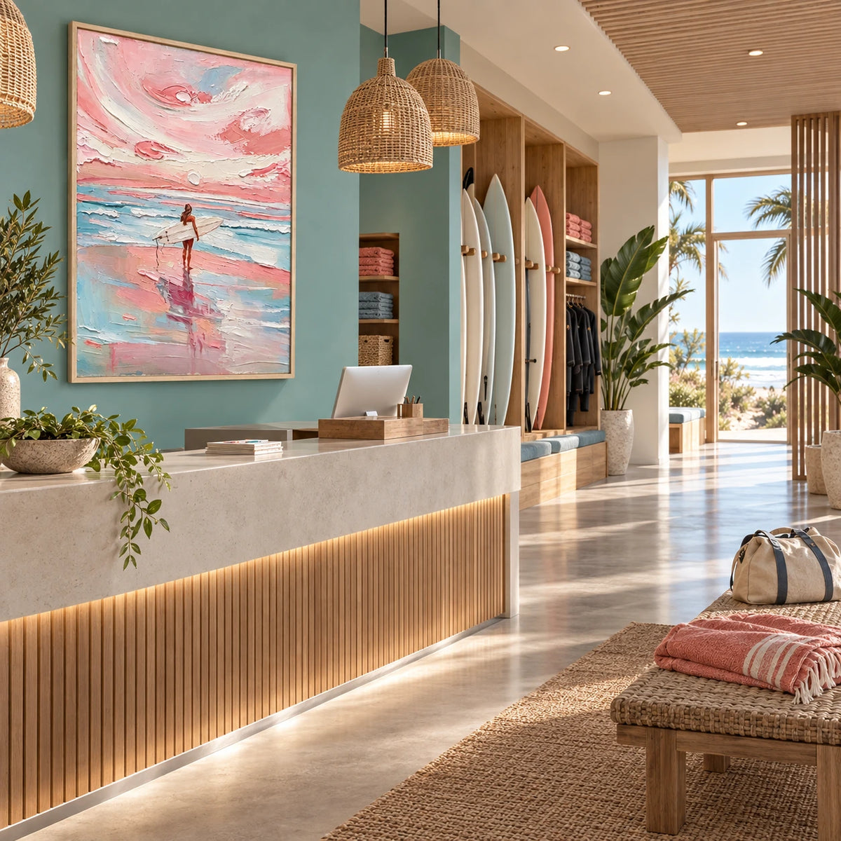 surfing into pink tide displayed in a surf club reception