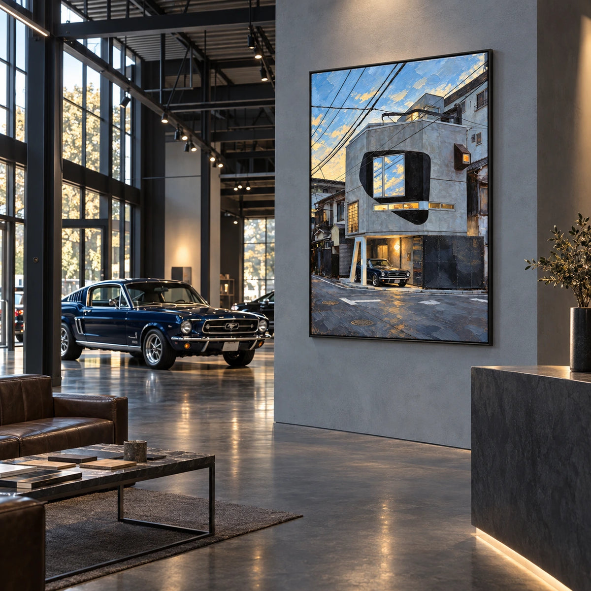blue hour garage street displayed in a automotive design showroom