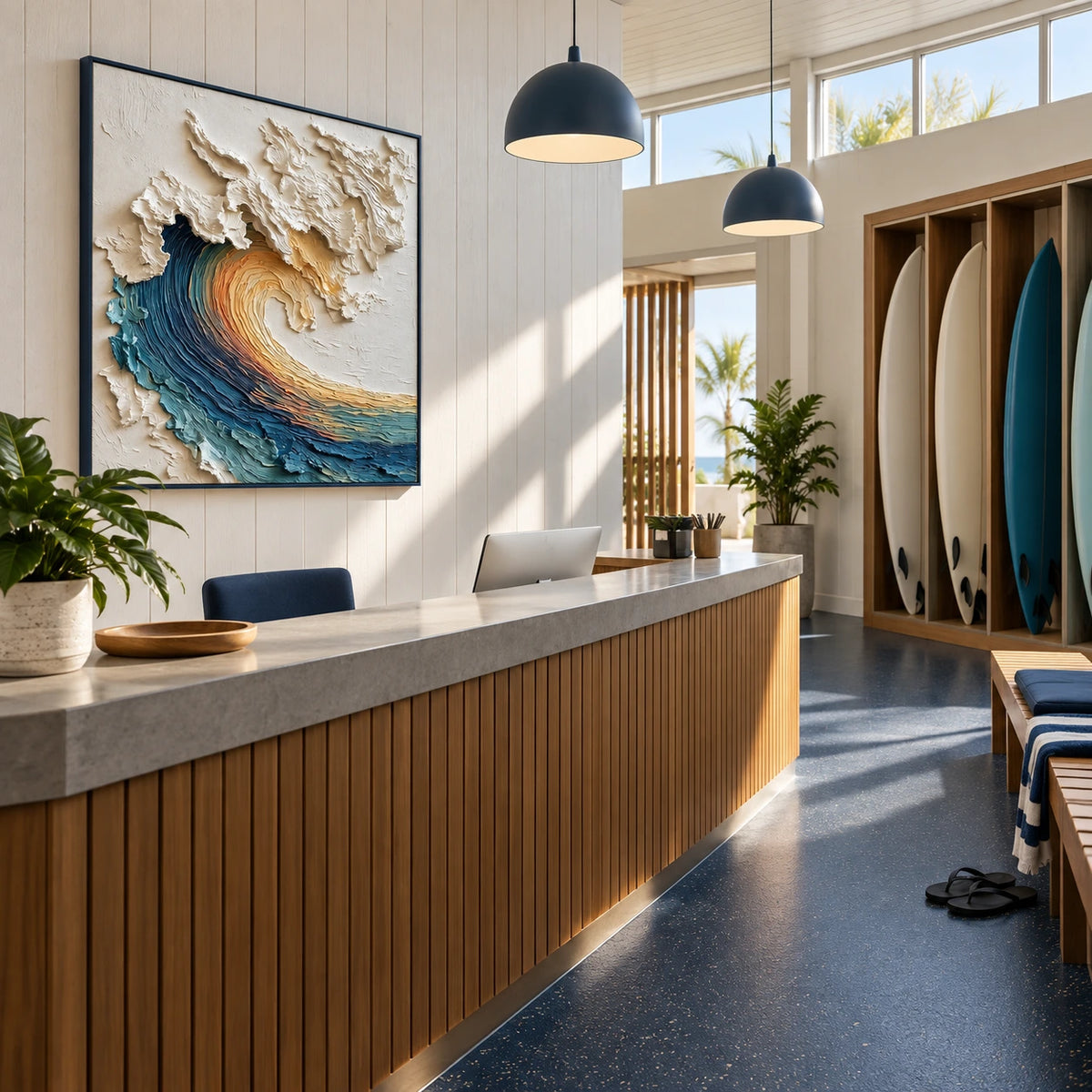 amber tide displayed in a surf club reception