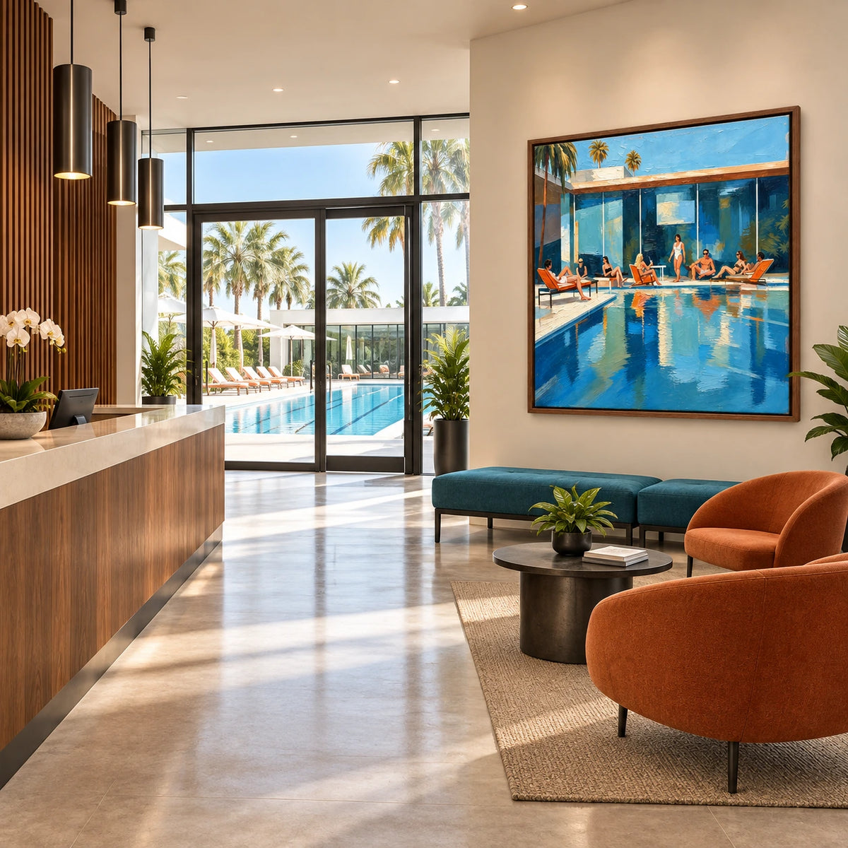 poolside palm retreat displayed in a modern pool club reception