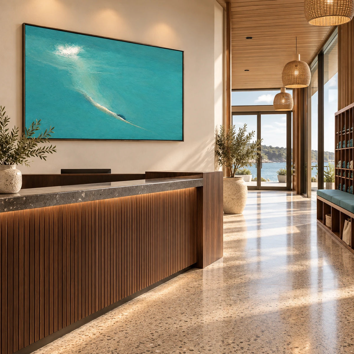 quiet turquoise break displayed in a surf club reception