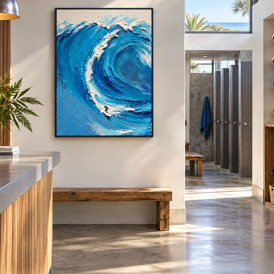 blue break displayed in a surf club reception