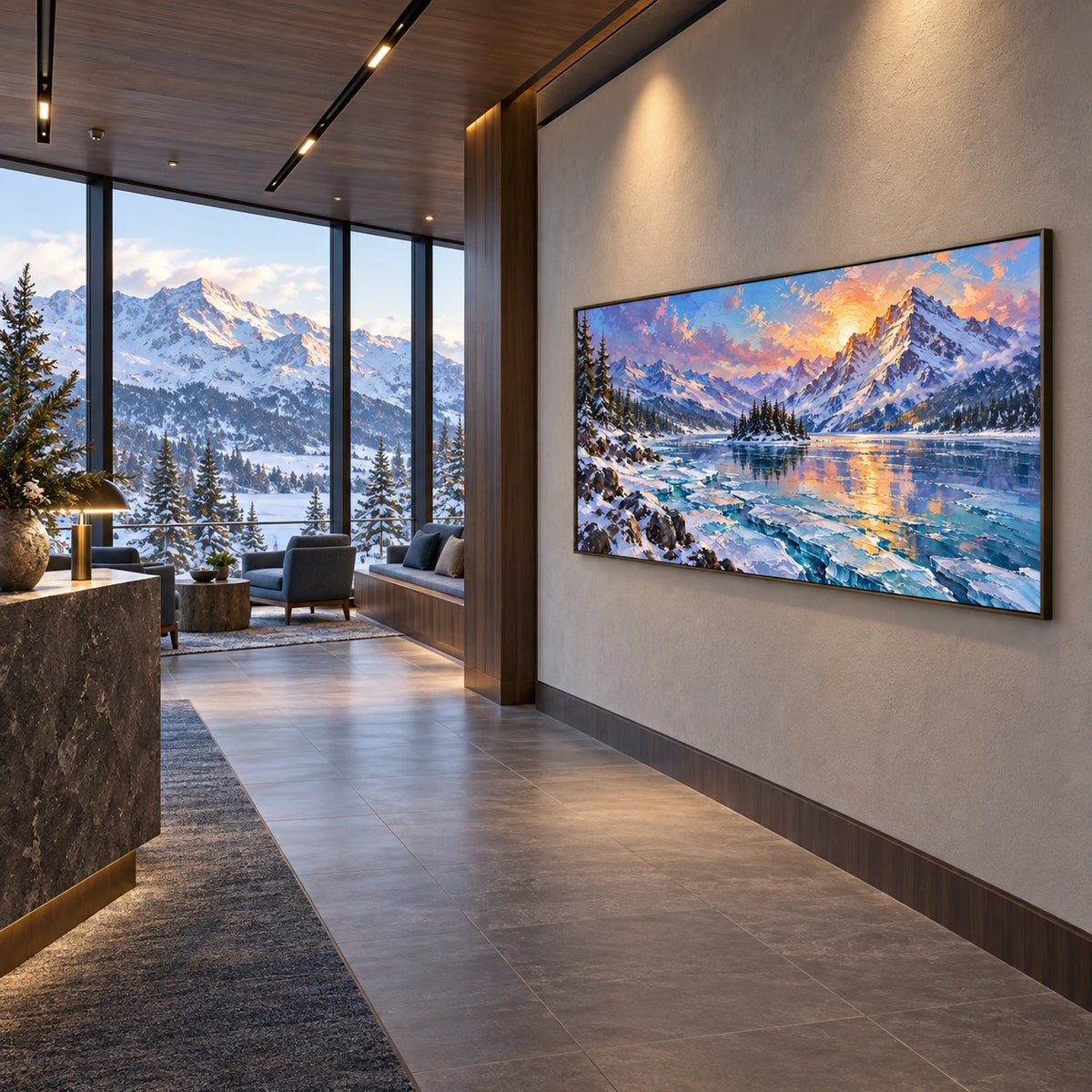 dawn reflected in alpine stillness displayed in a alpine resort gallery