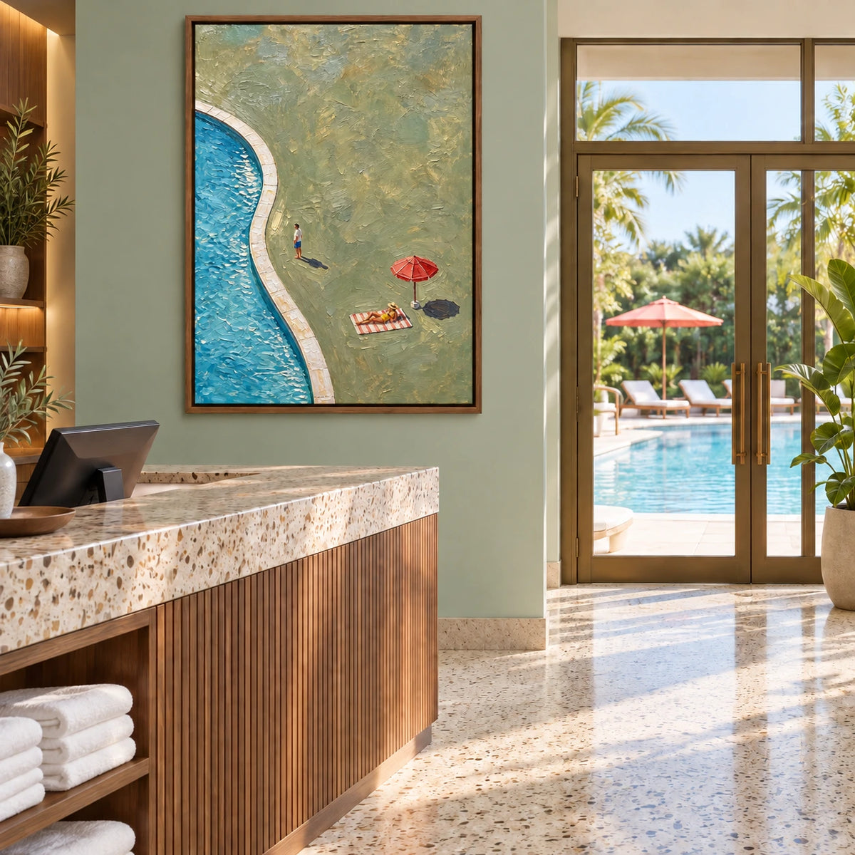 poolside stroll displayed in a swimming pool club reception