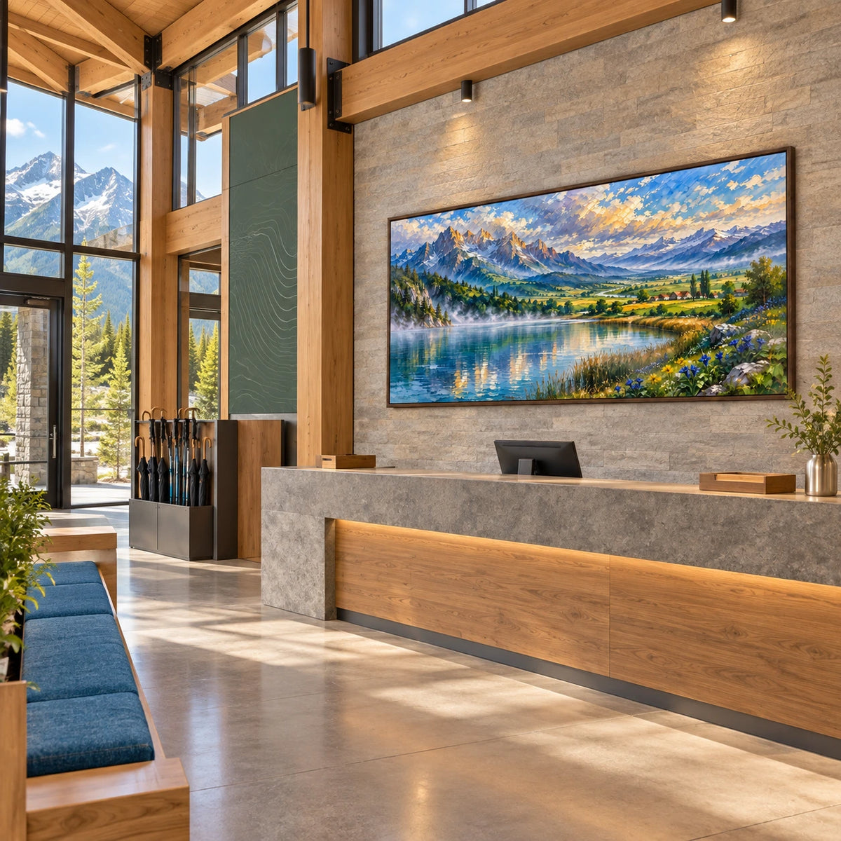 mountain lake valley displayed in a alpine visitor center reception