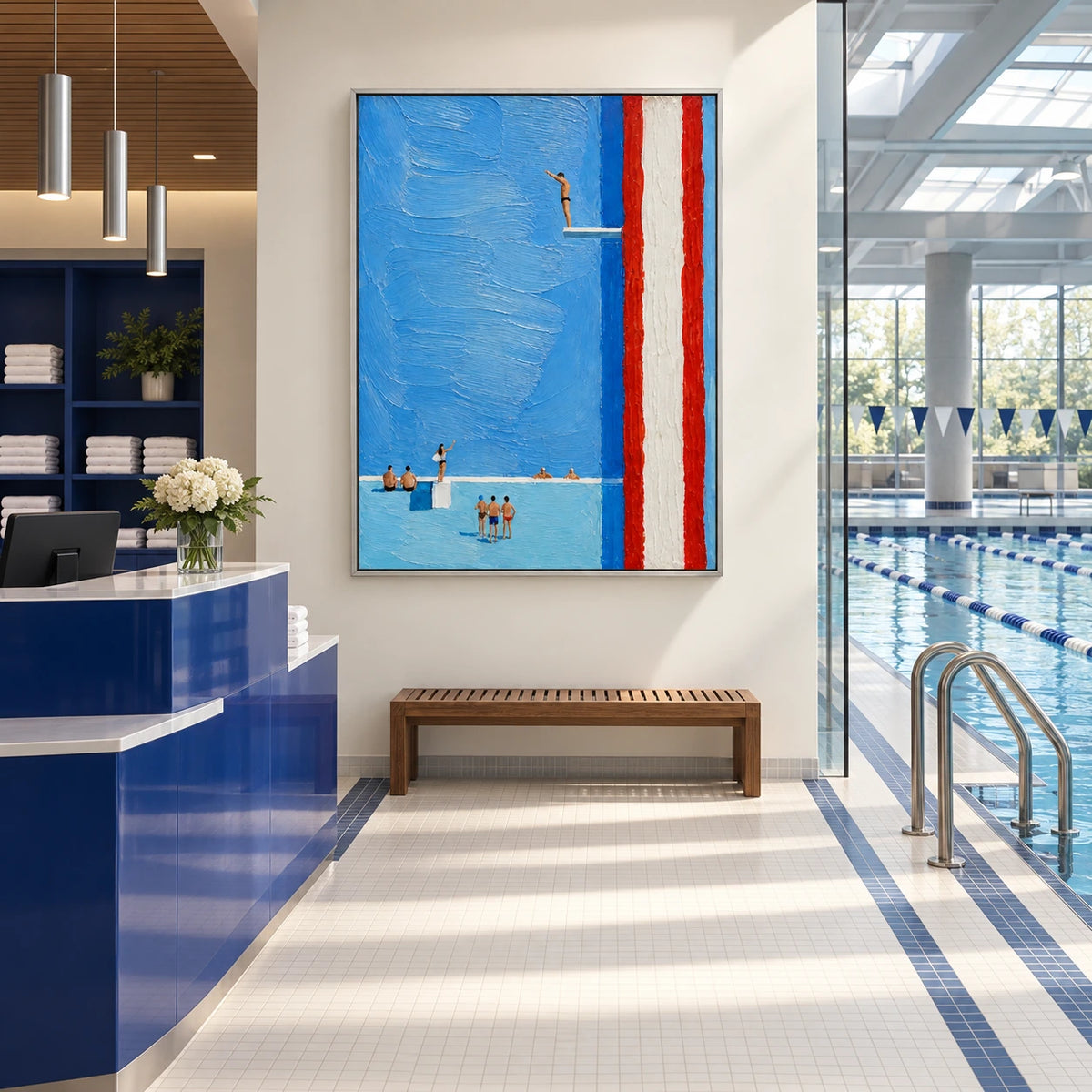 blue dive displayed in a swimming club reception