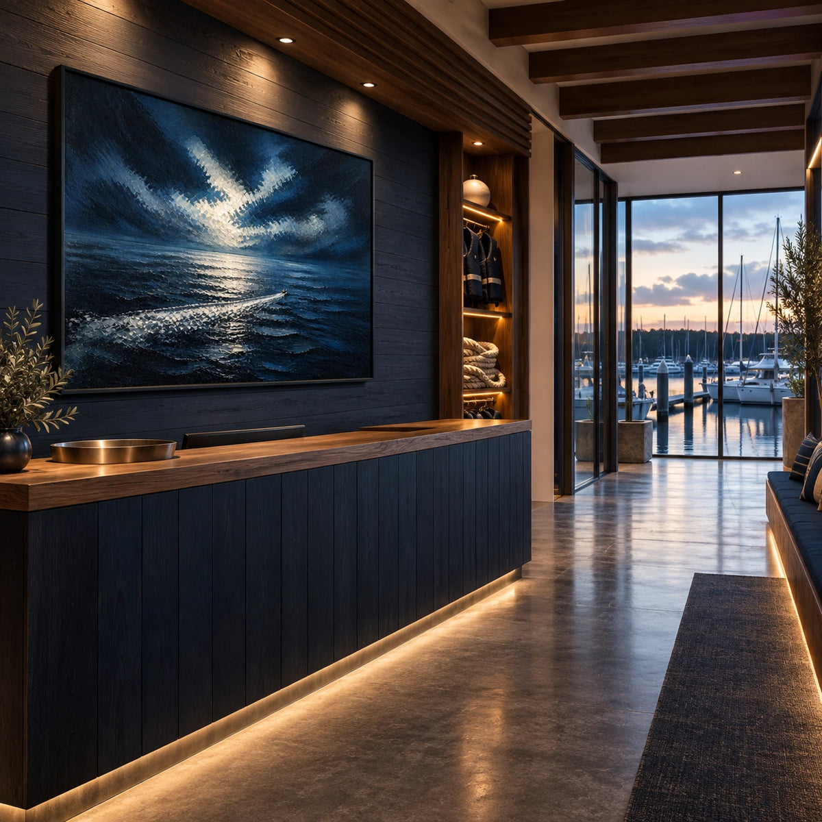moonlit wake displayed in a coastal yacht club reception