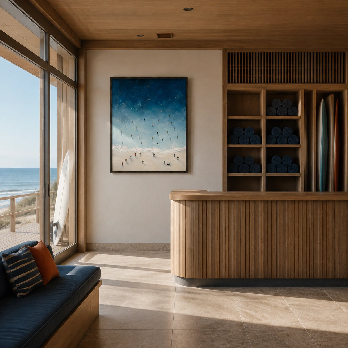 along the blue shore displayed in a surf club