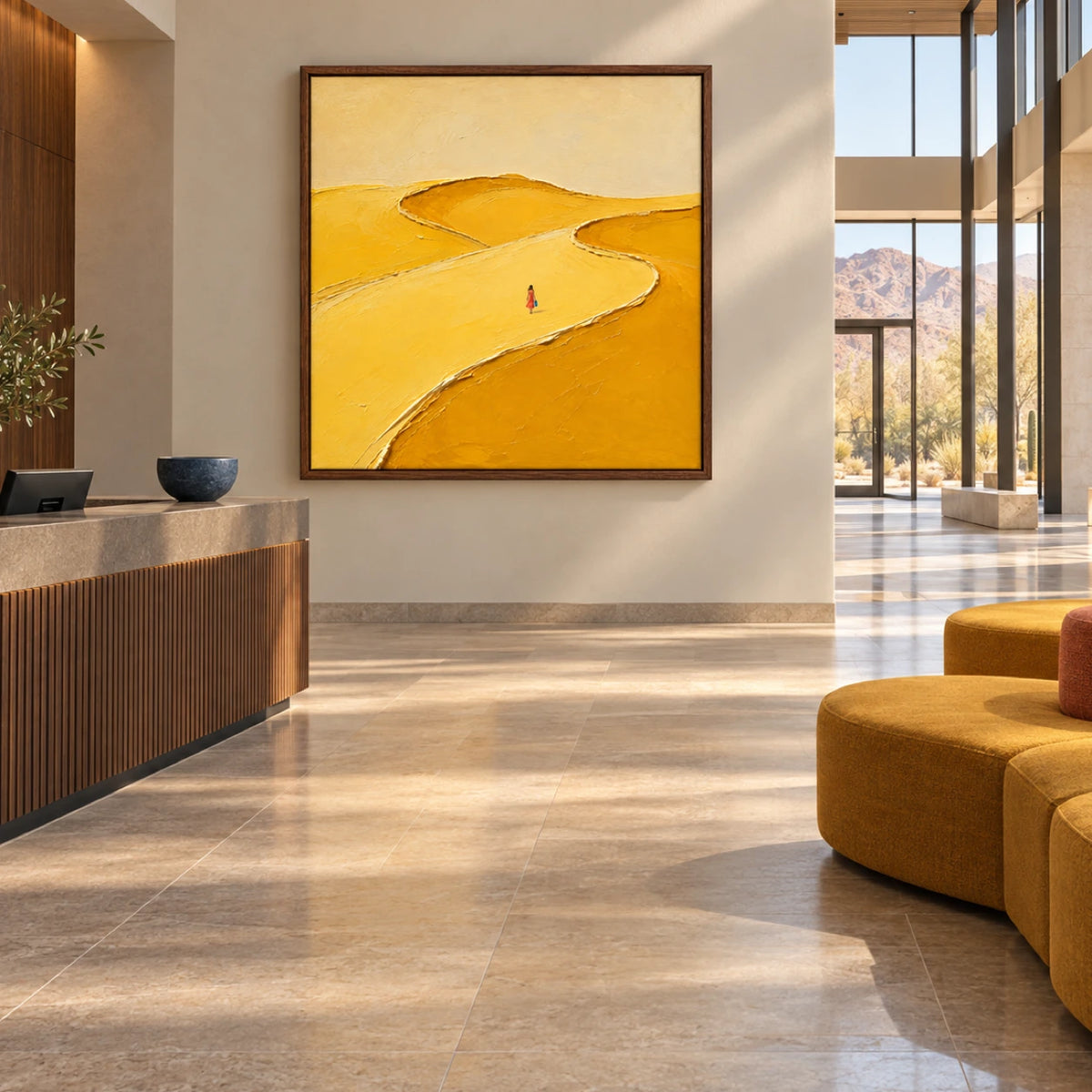 golden tidal path displayed in a desert cultural center foyer