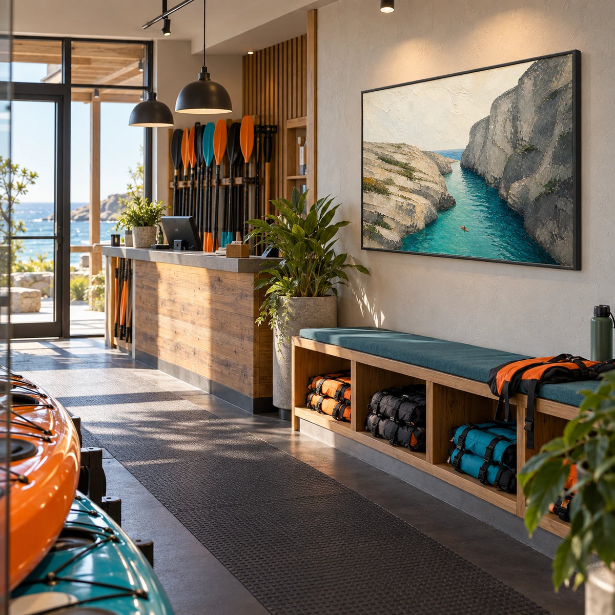 cove between cliffs displayed in a coastal kayak club reception