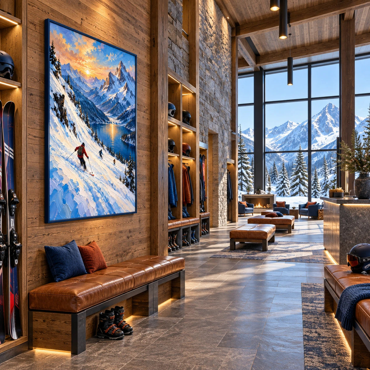alpine lake descent displayed in a ski club equipment lounge