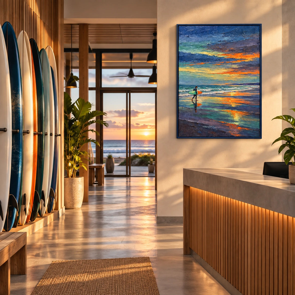 orange horizon surfer displayed in a surf club reception