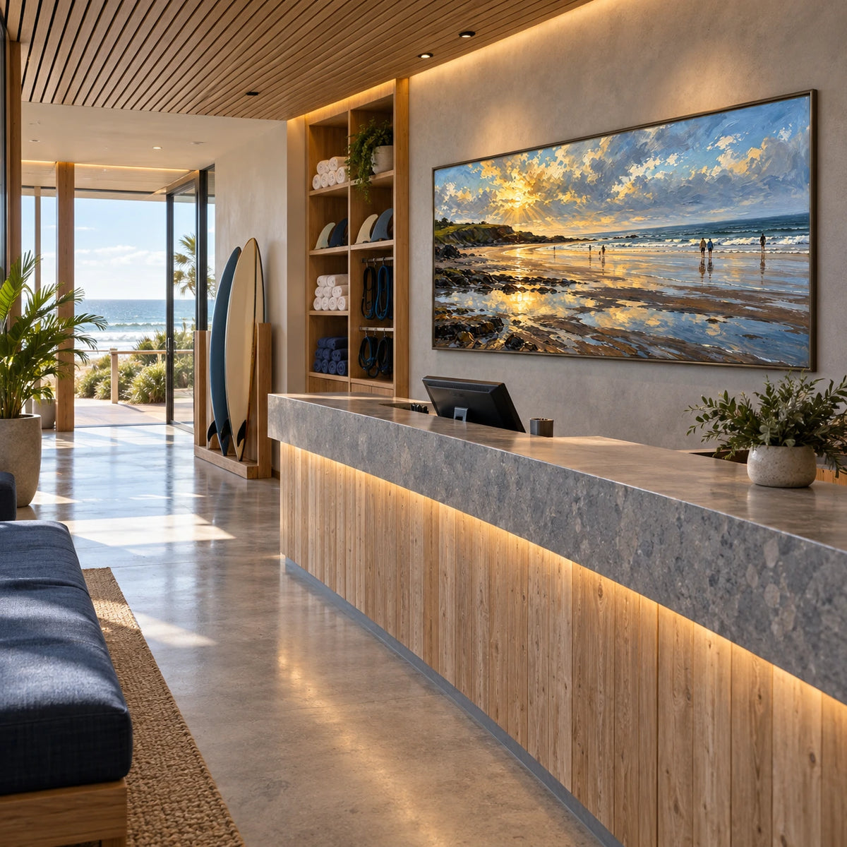 golden tide at dusk displayed in a surf club reception