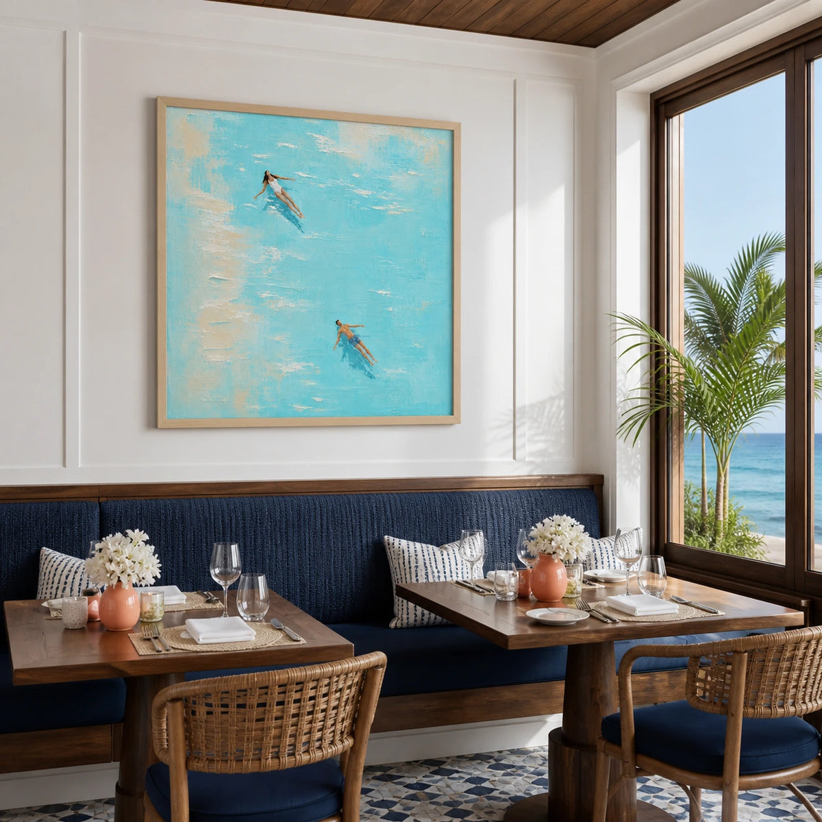 drift into blue displayed in a coastal dining