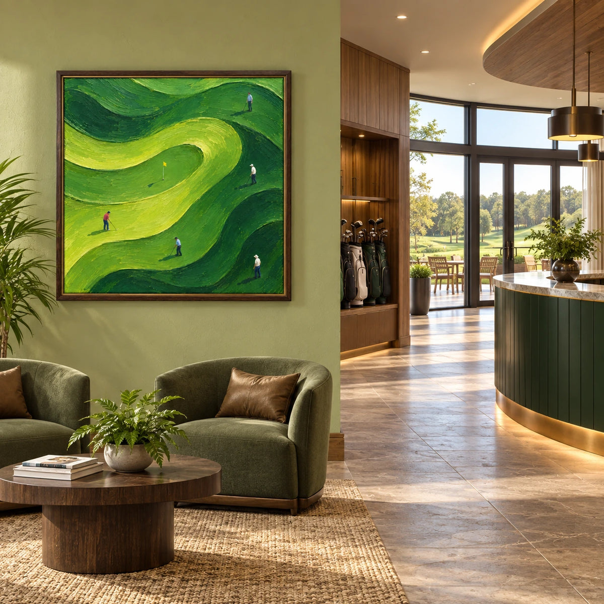 rolling greens displayed in a golf club reception