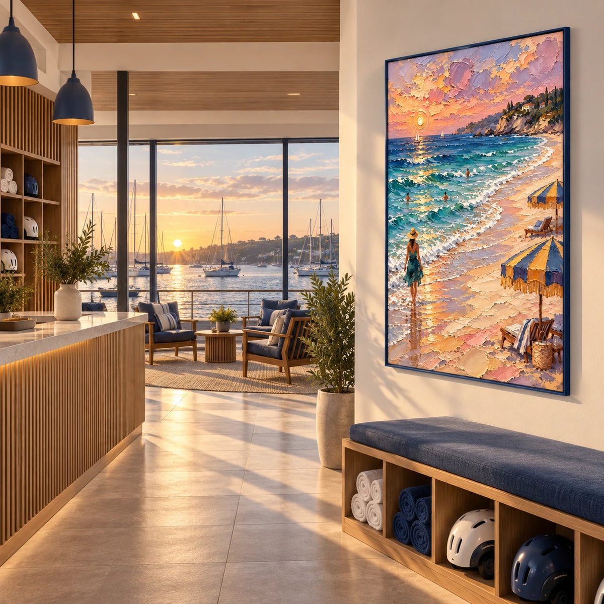a walk along the sunset shore displayed in a seaside sailing club reception