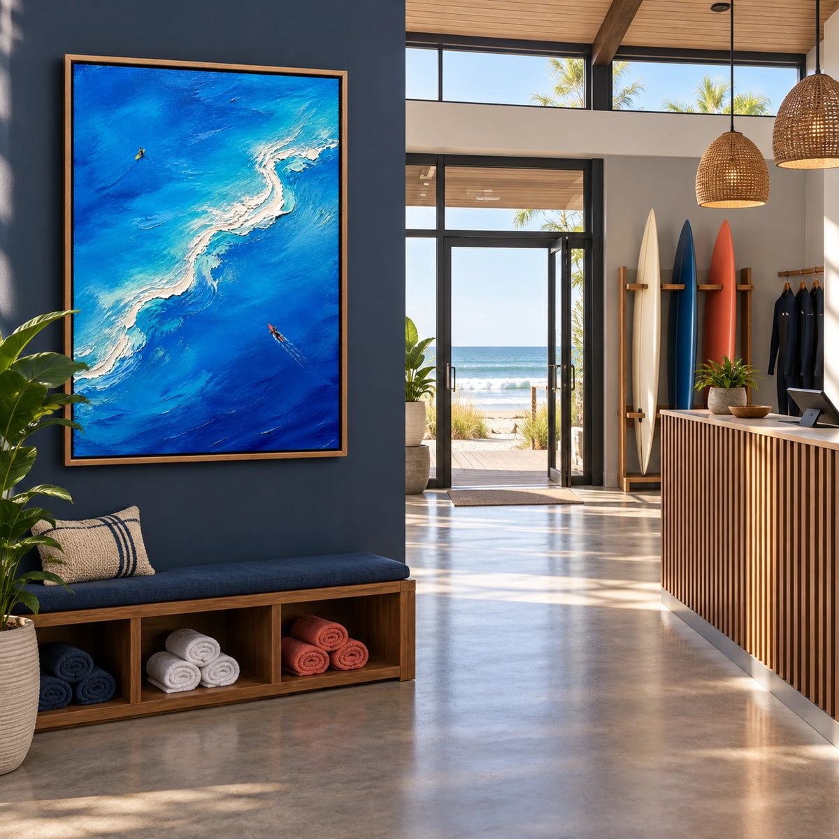 surfline in blue displayed in a surf club reception