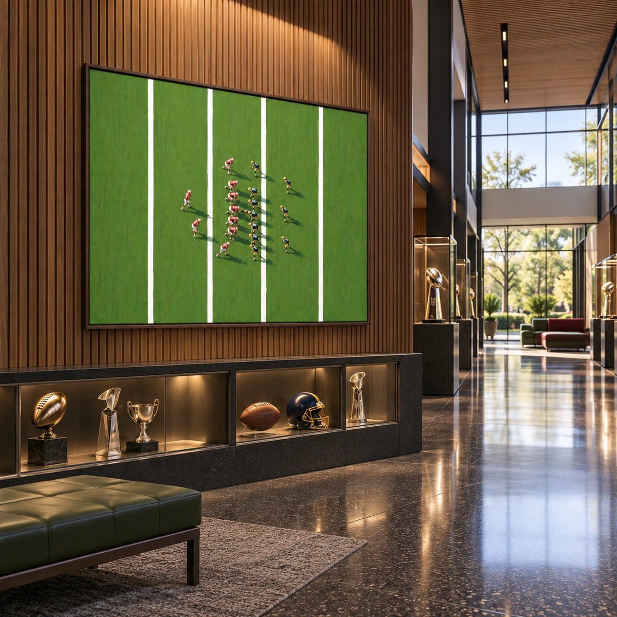 green field formation displayed in a american football trophy hall