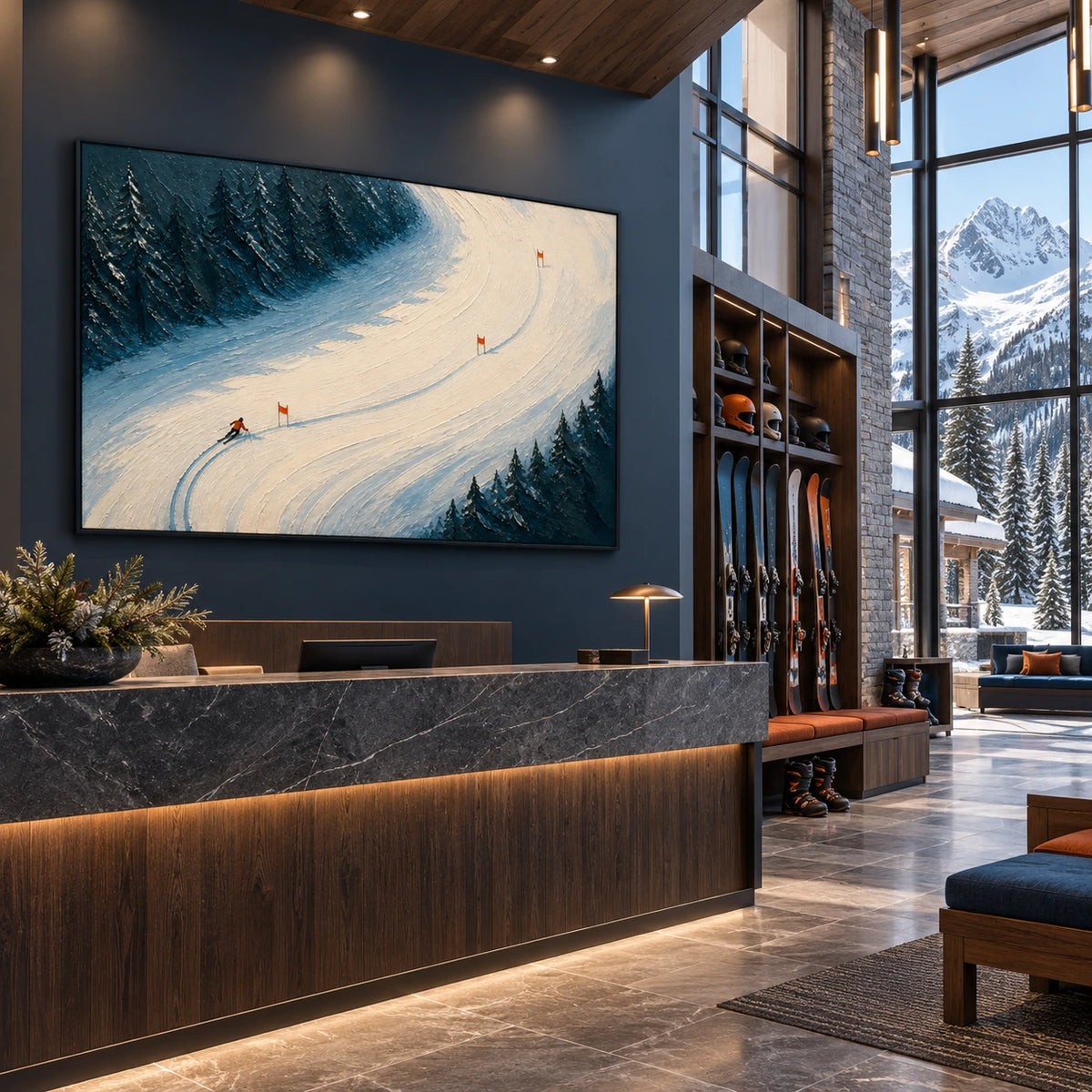 powder run through the pines displayed in a alpine ski club reception