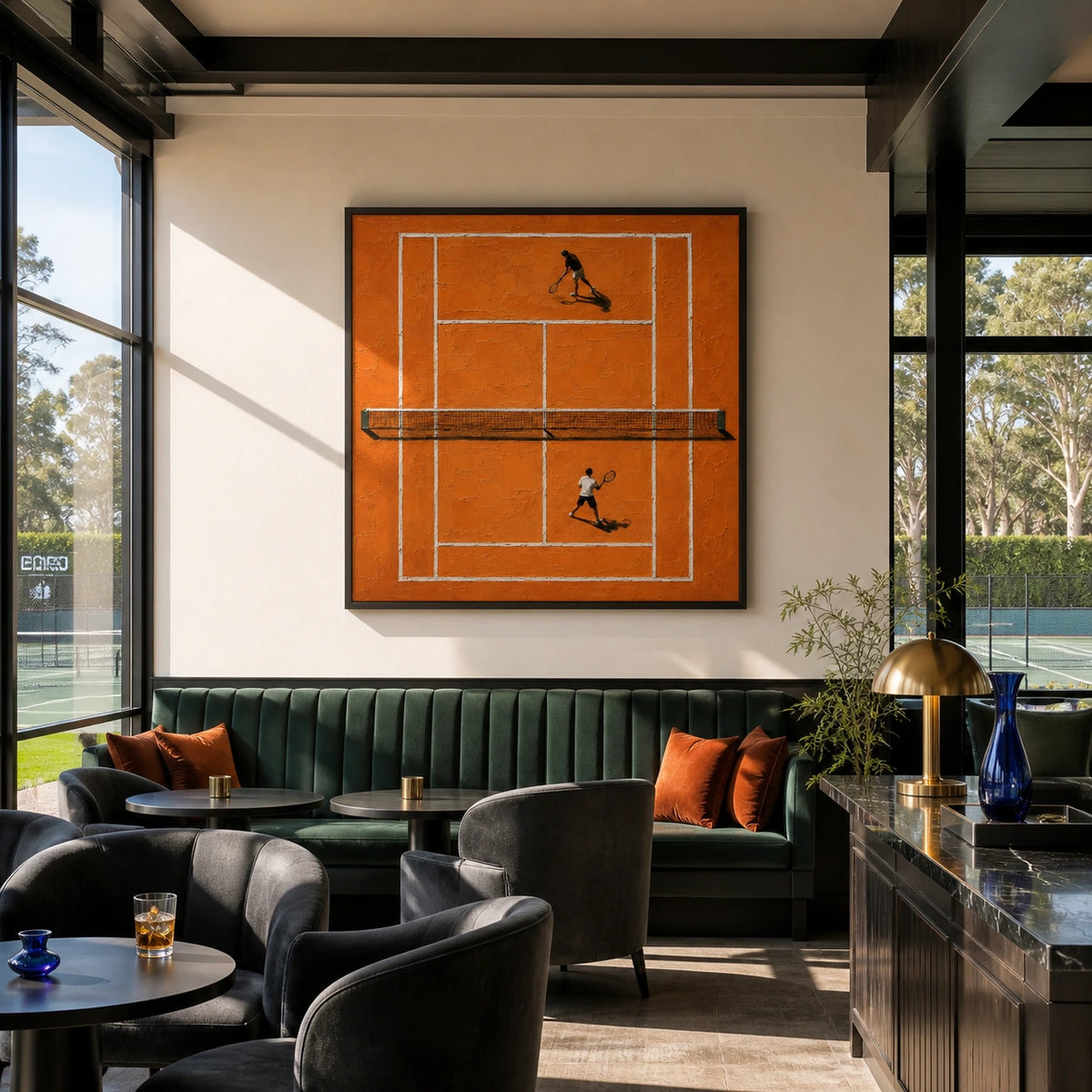 orange court rally displayed in a tennis club lounge