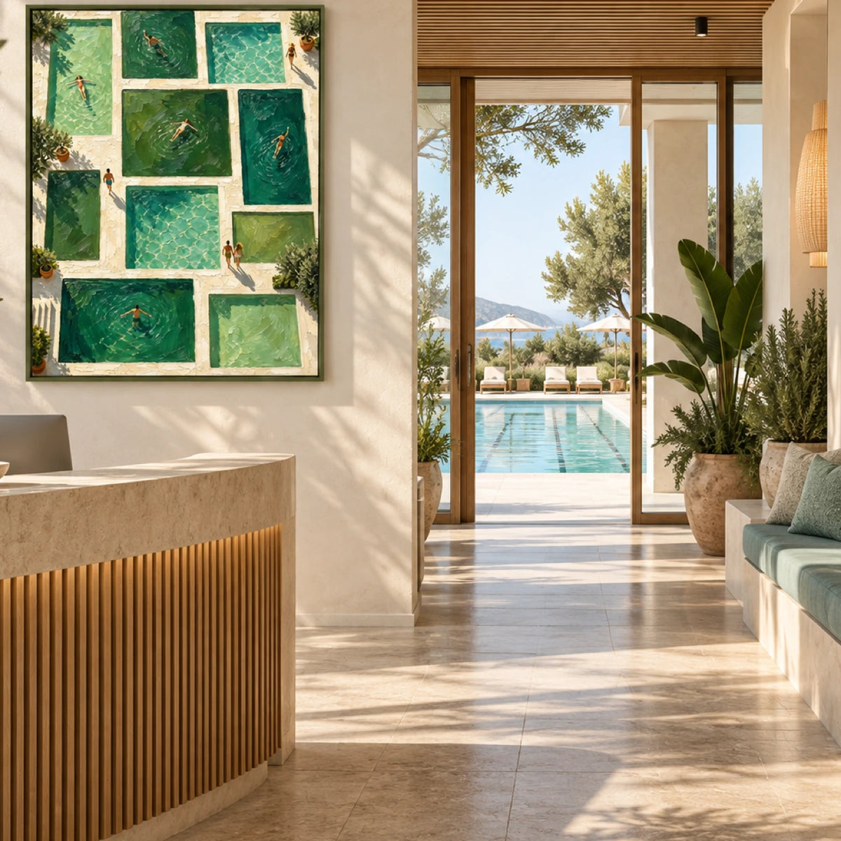poolside rhythms displayed in a pool club reception