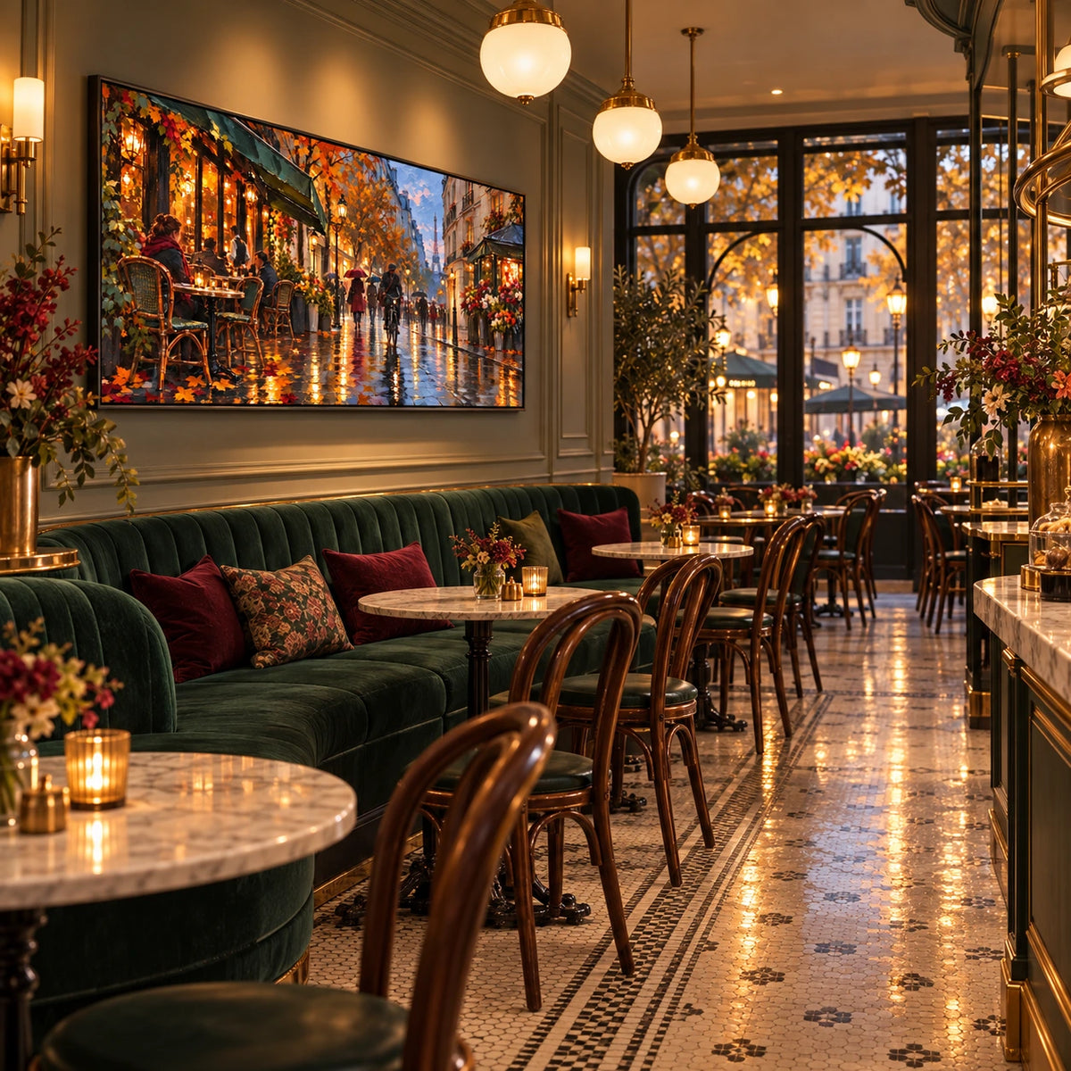 cafe lights on a rainy paris street displayed in a parisian café salon