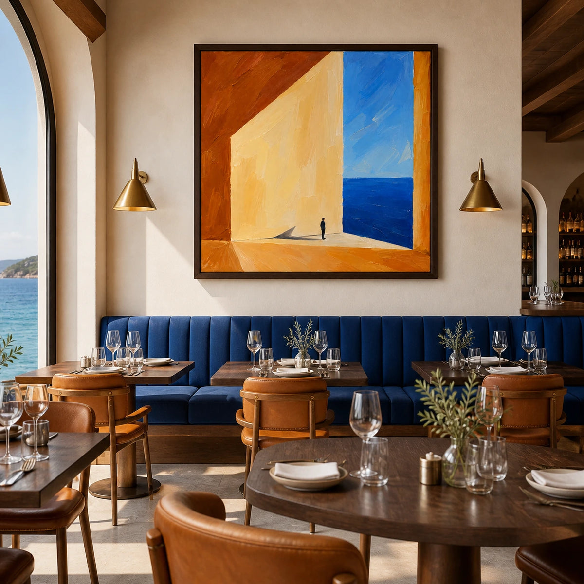 sunlit threshold displayed in a seaside hotel restaurant