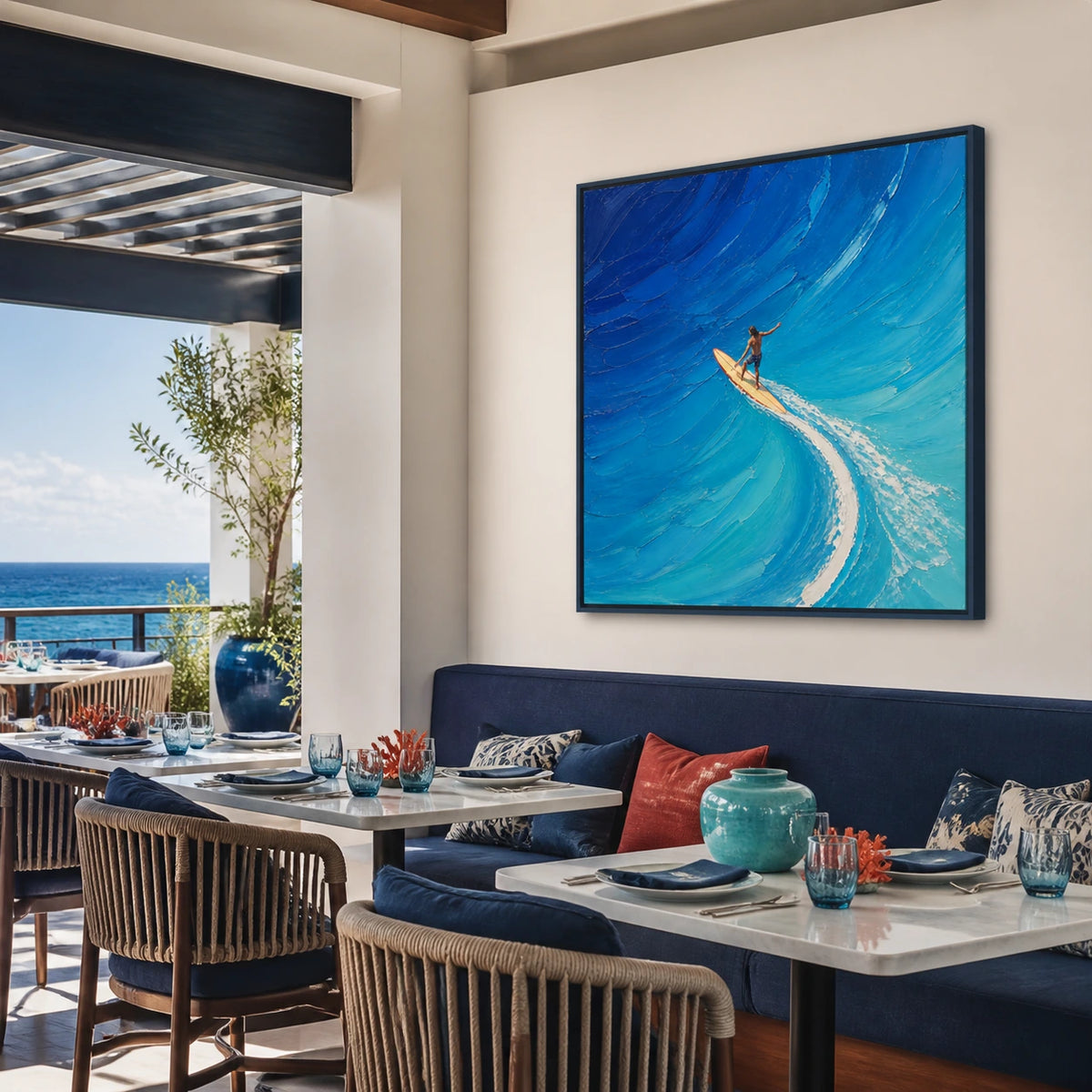 blue current displayed in a coastal dining