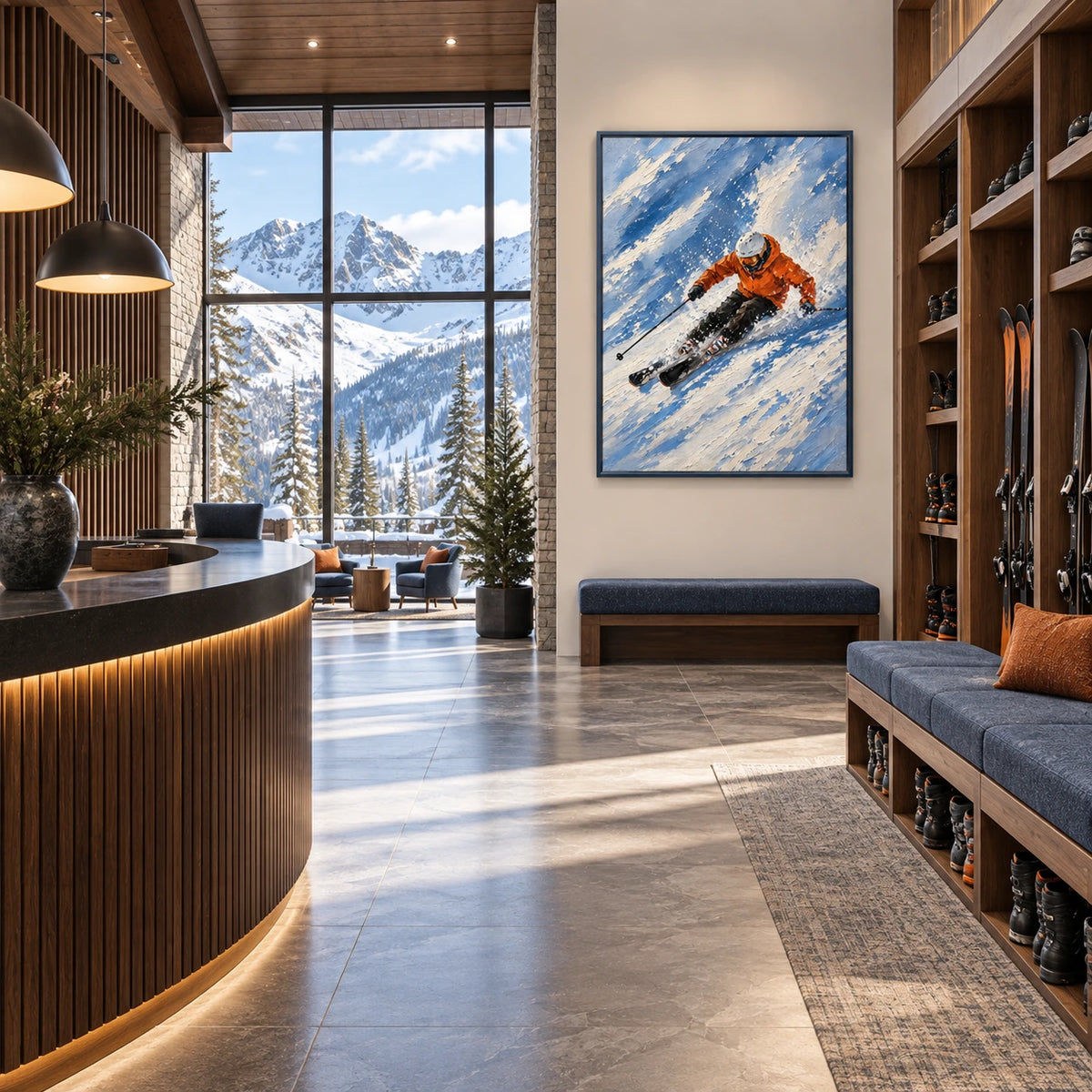 downhill in blue displayed in a alpine ski club reception