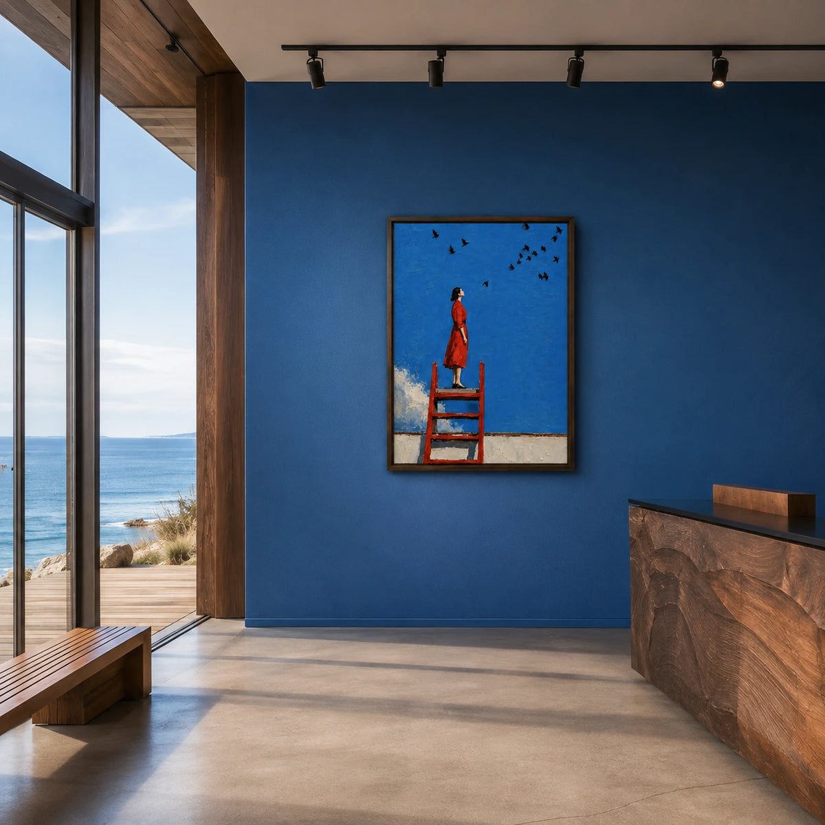 follow the open sky displayed in a coastal arts center foyer