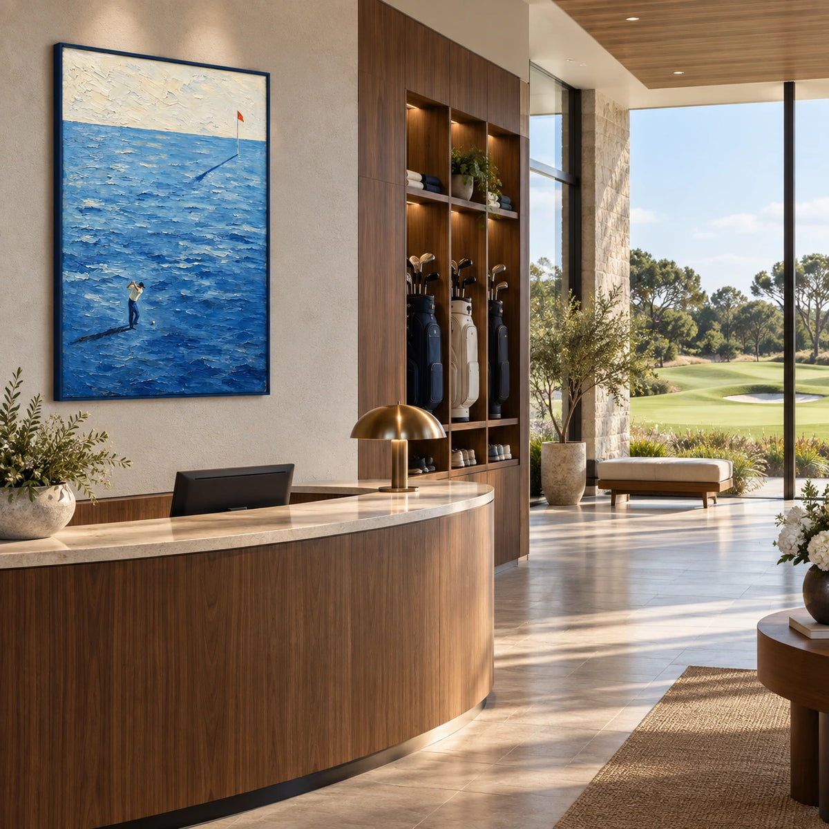 ocean golf flag displayed in a golf club reception